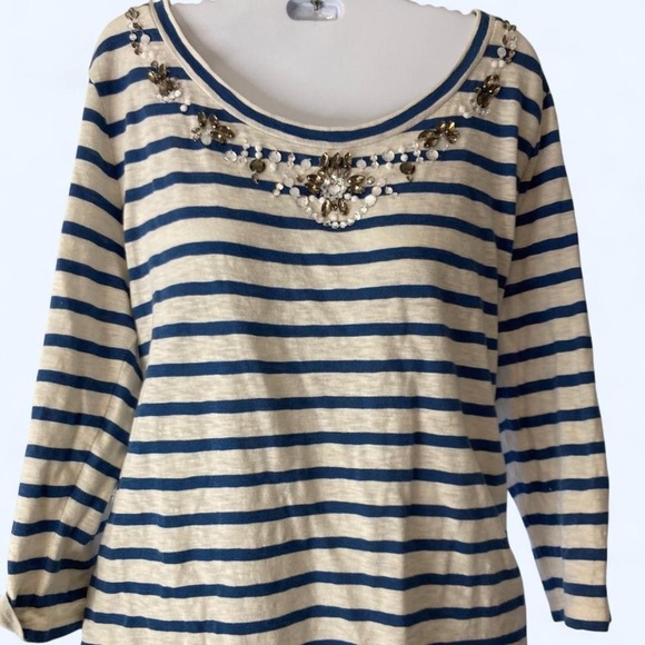 Talbots Tops - Talbots Blue and white striped long sleeve top with beaded neckline  L NWT